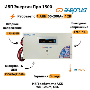 Энергия ИБП Про 1500 12В - ИБП и АКБ - ИБП для котлов - магазин электрооборудования amperomvolt.ru